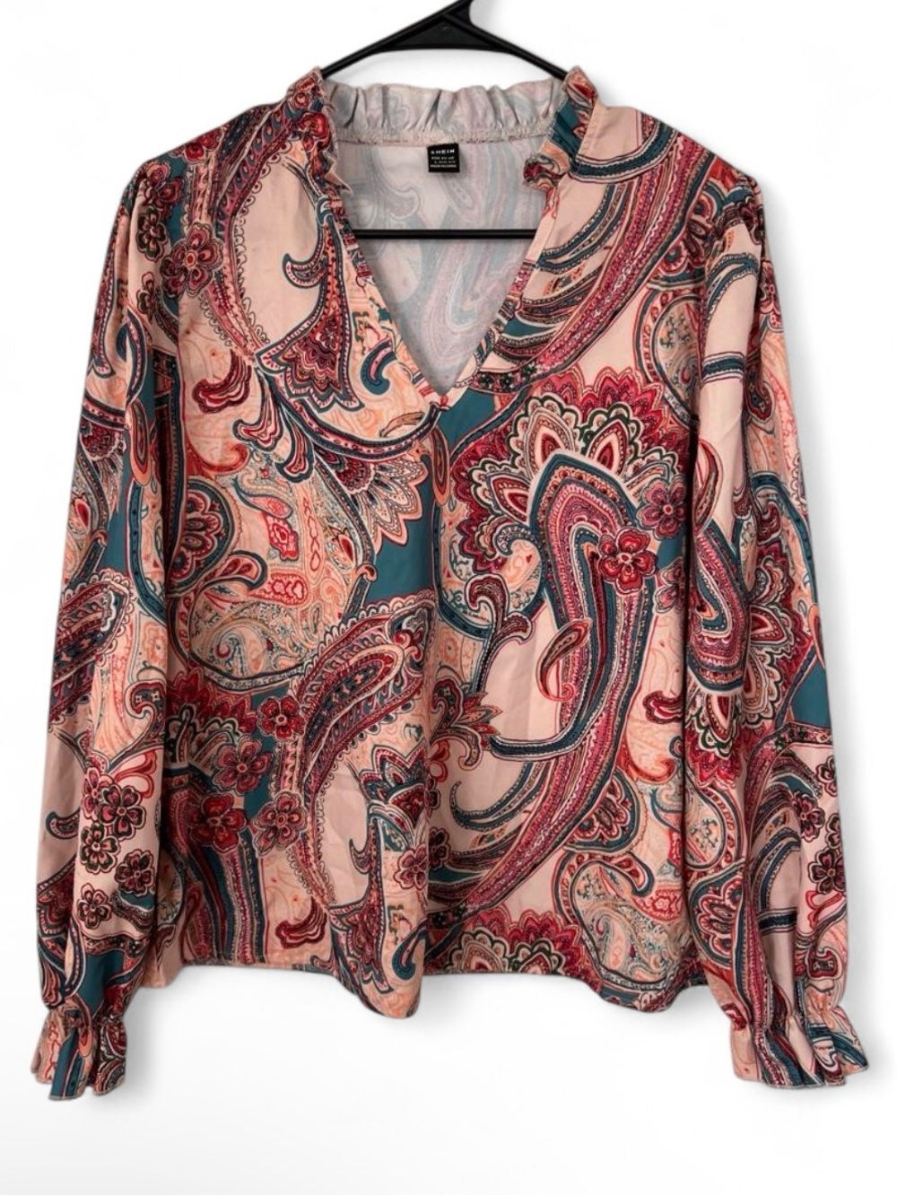 Paisley V-Neck Long Sleeve Blouse - Pink Teal